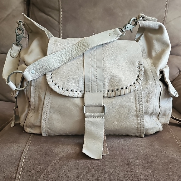 Free People Cream Distressed Leigh Slouchy Shoulder Bag with Edgy Studs - Picture 1 of 10